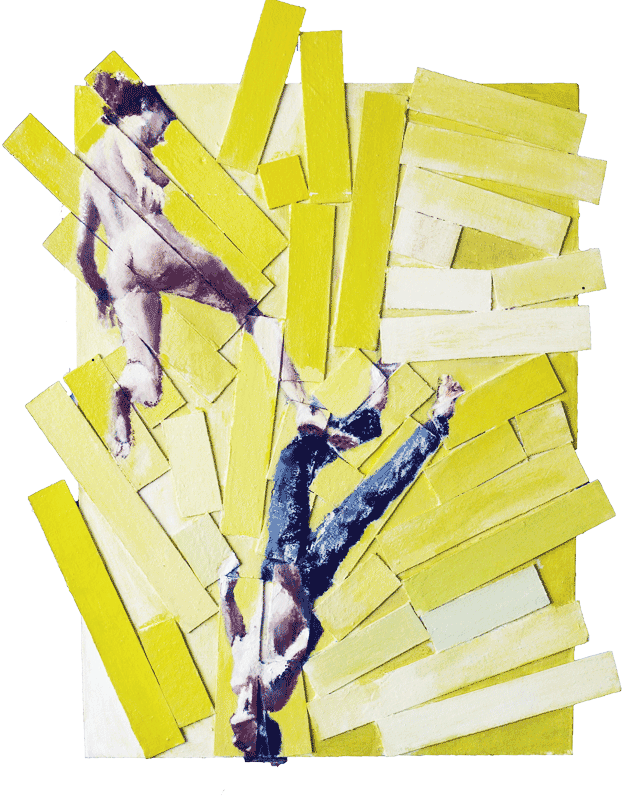 Oil painting of two dancers on broken yellow wood fragments, by Nicholas Stedman